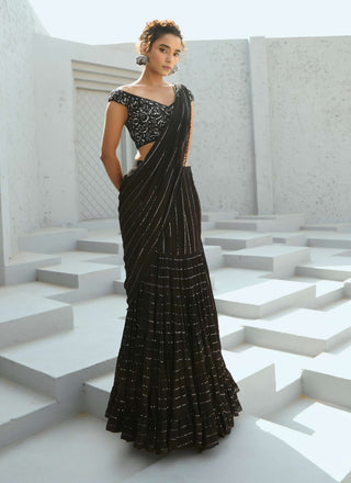 Sky Black Pre-Drape Sari And Blouse by Chamee And Palak available on Indiaspopup