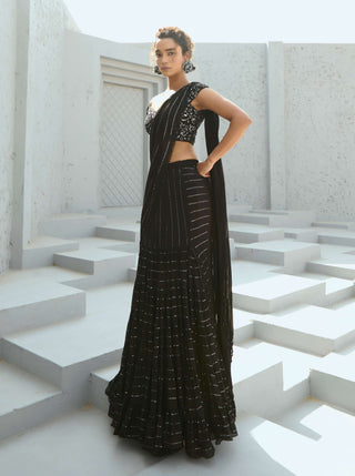 Sky Black Pre-Drape Sari And Blouse by Chamee And Palak available on Indiaspopup