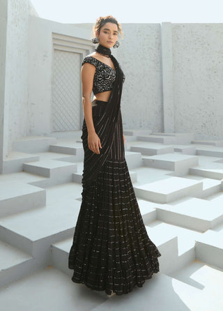 Sky black pre-drape sari and blouse