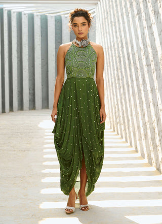 Stella Green Cowl Dress by Chamee And Palak available on Indiaspopup