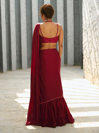 Aura deep red pre-drape sari and blouse