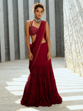 Aura Deep Red Pre-Drape Sari And Blouse by Chamee And Palak available on Indiaspopup