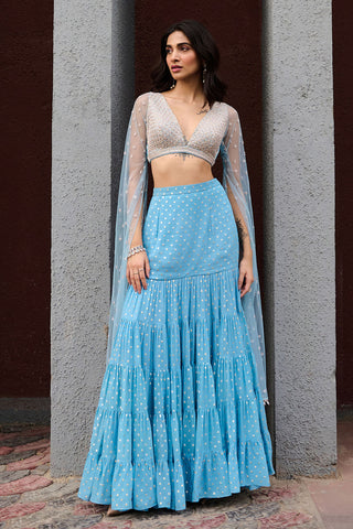 Abha Blue Lehenga Set by Chamee And Palak, available on Indiaspopup.com