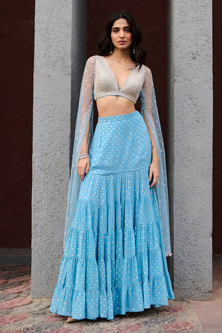 Abha Blue Lehenga Set by Chamee And Palak, available on Indiaspopup.com