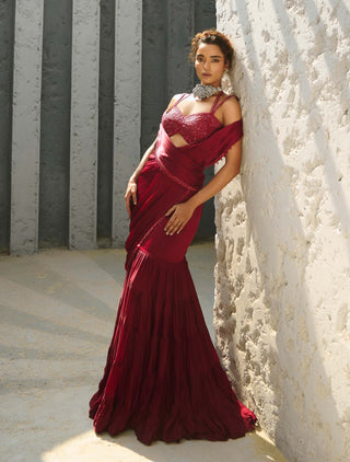 Aura Deep Red Pre-Drape Sari And Blouse by Chamee And Palak available on Indiaspopup