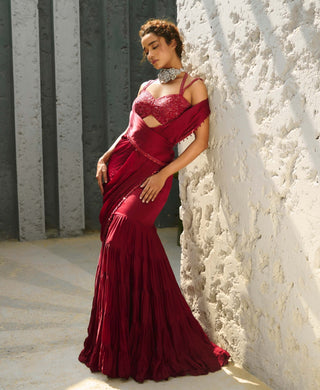 Aura Deep Red Pre-Drape Sari And Blouse by Chamee And Palak available on Indiaspopup