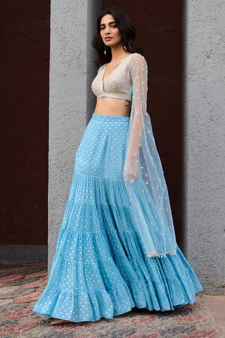 Abha Blue Lehenga Set by Chamee And Palak, available on Indiaspopup.com