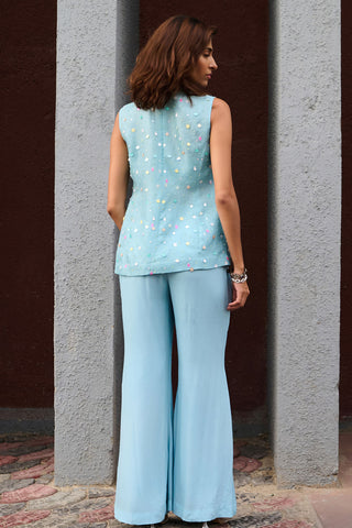 Sanvi Powder Blue Pant And Jacket Set by Chamee And Palak, available on Indiaspopup.com