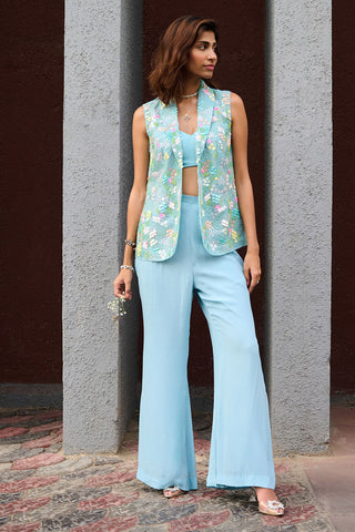 Sanvi Powder Blue Pant And Jacket Set by Chamee And Palak, available on Indiaspopup.com