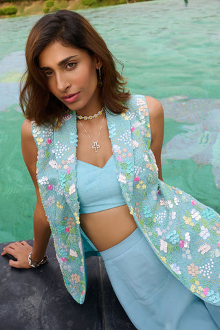 Sanvi Powder Blue Pant And Jacket Set by Chamee And Palak, available on Indiaspopup.com