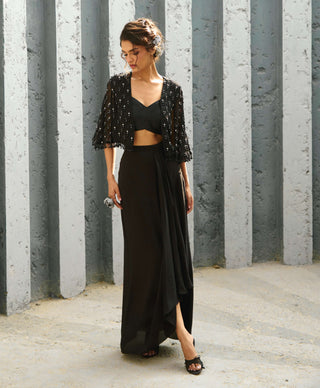 Lucy Black Drape Skirt And Cape Set by Chamee And Palak available on Indiaspopup