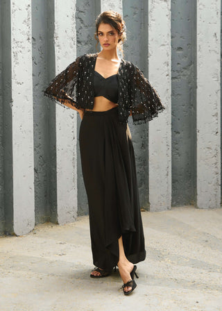 Lucy Black Drape Skirt And Cape Set by Chamee And Palak available on Indiaspopup