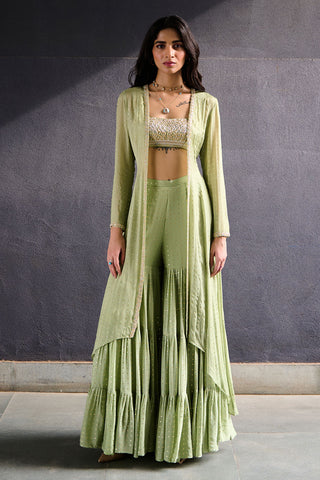 Mysa Olive Green Sharara Jacket Set by Chamee And Palak, available on Indiaspopup.com