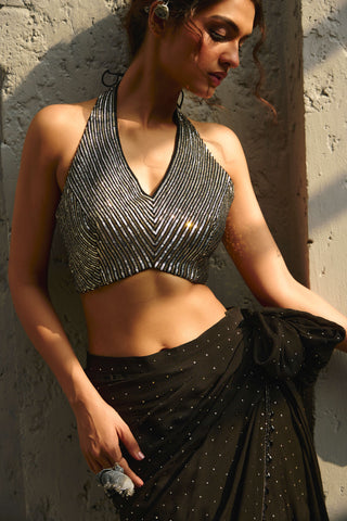 Reva Black Pre-Drape Sari And Blouse by Chamee And Palak available on Indiaspopup