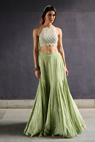 Jasmine Olive Green Gusset Skirt Set by Chamee And Palak, available on Indiaspopup.com