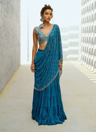 Grace Blue Pre-Drape Sari And Blouse by Chamee And Palak available on Indiaspopup