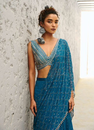 Grace Blue Pre-Drape Sari And Blouse by Chamee And Palak available on Indiaspopup