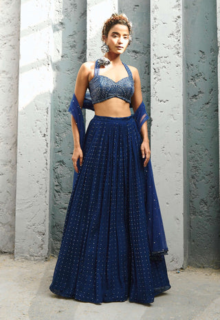 Stella Deep Blue Ruched Skirt Set by Chamee And Palak available on Indiaspopup