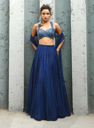 Stella Deep Blue Ruched Skirt Set by Chamee And Palak available on Indiaspopup