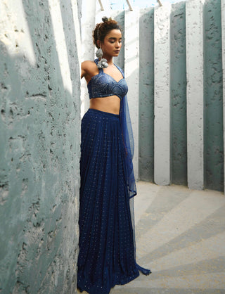 Stella Deep Blue Ruched Skirt Set by Chamee And Palak available on Indiaspopup