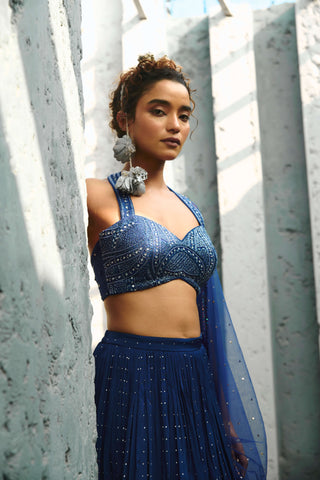 Stella Deep Blue Ruched Skirt Set by Chamee And Palak available on Indiaspopup