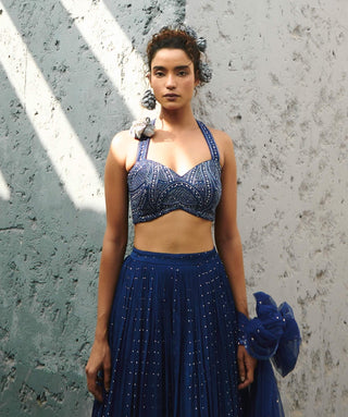 Stella Deep Blue Ruched Skirt Set by Chamee And Palak available on Indiaspopup