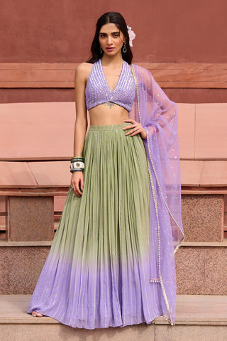 Reina Olive Green And Lavender Lehenga Set by Chamee And Palak, available on Indiaspopup.com