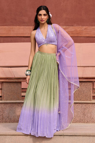 Reina Olive Green And Lavender Lehenga Set by Chamee And Palak, available on Indiaspopup.com