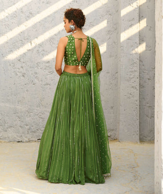 Venus Basil Green Ruched Skirt Set by Chamee And Palak available on Indiaspopup