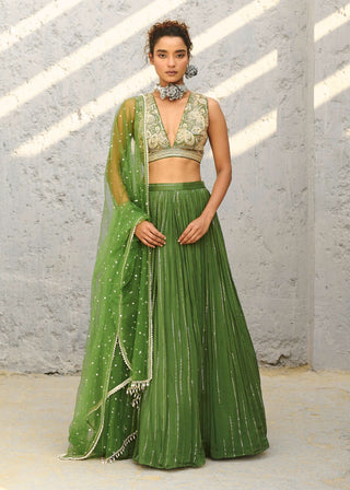 Venus Basil Green Ruched Skirt Set by Chamee And Palak available on Indiaspopup