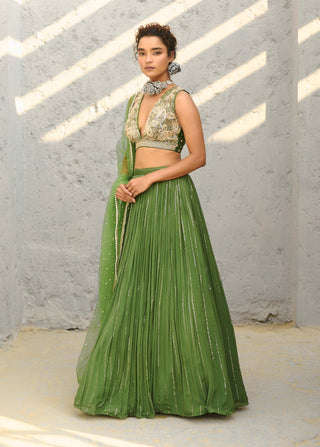 Venus Basil Green Ruched Skirt Set by Chamee And Palak available on Indiaspopup