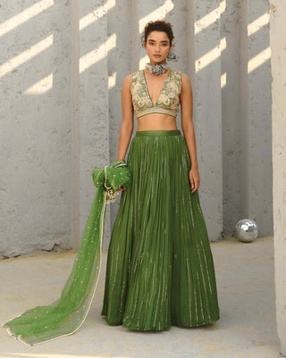 Venus Basil Green Ruched Skirt Set by Chamee And Palak available on Indiaspopup