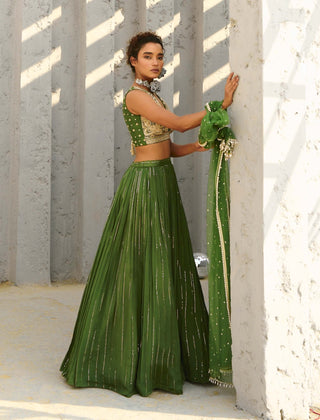 Venus Basil Green Ruched Skirt Set by Chamee And Palak available on Indiaspopup