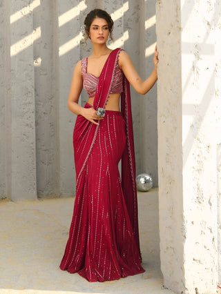 Halley Red Pre-Draped Sari And Blouse by Chamee And Palak available on Indiaspopup