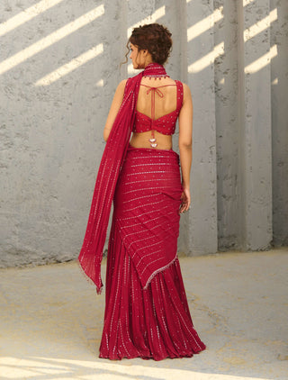 Halley red pre-draped sari and blouse