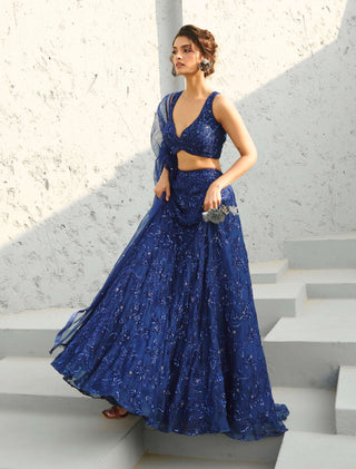 Blue Serena Lehenga Set by Chamee And Palak available on Indiaspopup