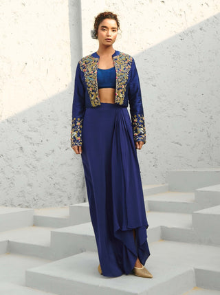 Parakeet blue jacket and draped skirt set