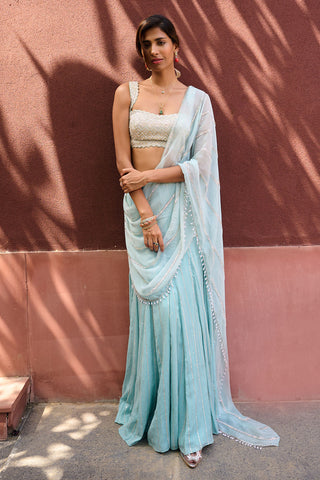 Ines Dusty Blue Green Sari And Blouse by Chamee And Palak, available on Indiaspopup.com