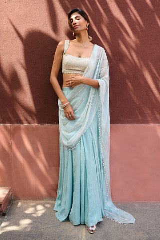 Ines Dusty Blue Green Sari And Blouse by Chamee And Palak, available on Indiaspopup.com