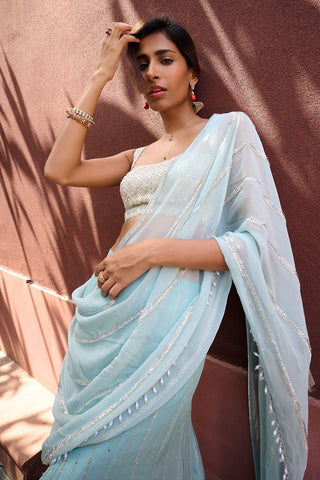 Ines Dusty Blue Green Sari And Blouse by Chamee And Palak, available on Indiaspopup.com