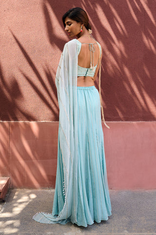 Ines Dusty Blue Green Sari And Blouse by Chamee And Palak, available on Indiaspopup.com