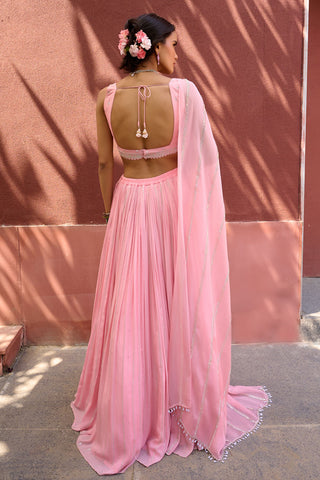 Lucia Peach Lehenga Set by Chamee And Palak, available on Indiaspopup.com