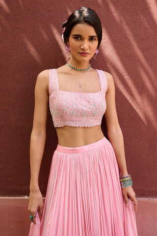 Lucia Peach Lehenga Set by Chamee And Palak, available on Indiaspopup.com