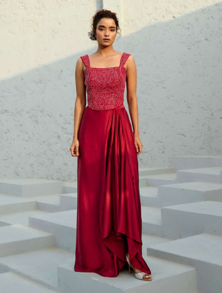 Estelle Deep Red Drape Skirt And Corset by Chamee And Palak available on Indiaspopup