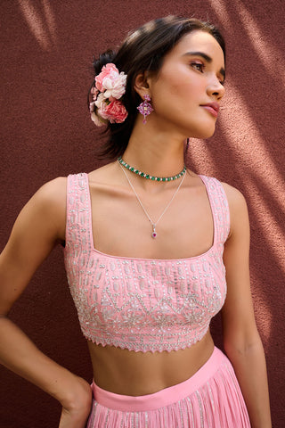 Lucia Peach Lehenga Set by Chamee And Palak, available on Indiaspopup.com