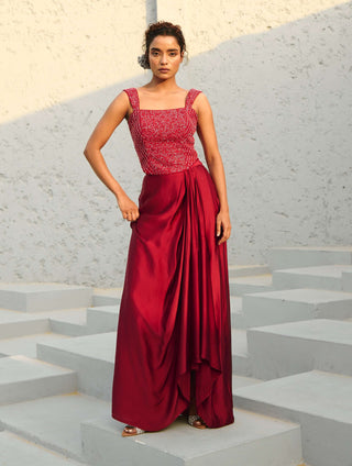 Estelle Deep Red Drape Skirt And Corset by Chamee And Palak available on Indiaspopup