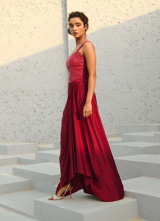 Estelle Deep Red Drape Skirt And Corset by Chamee And Palak available on Indiaspopup