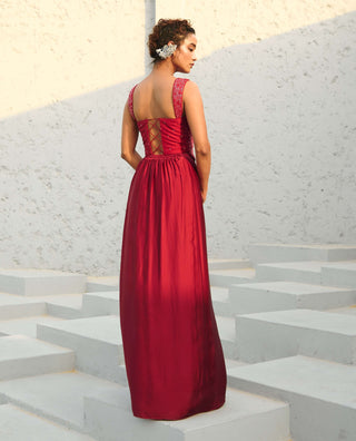 Estelle Deep Red Drape Skirt And Corset by Chamee And Palak available on Indiaspopup