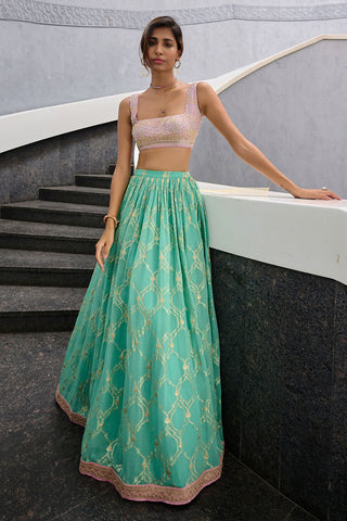 Veda Sea Green And Pink Lehenga Set by Chamee And Palak, available on Indiaspopup.com