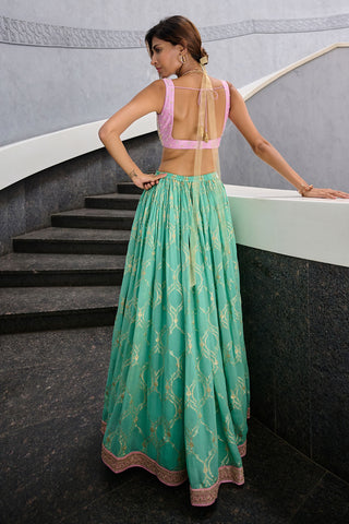 Veda Sea Green And Pink Lehenga Set by Chamee And Palak, available on Indiaspopup.com